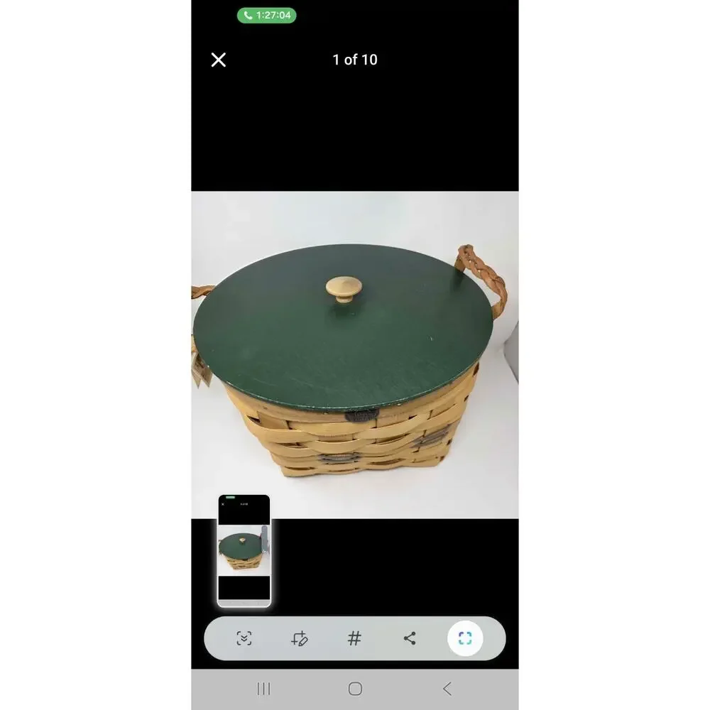 Peterboro Basket Company Round basket w/Leather Handles & wooden Insert Large